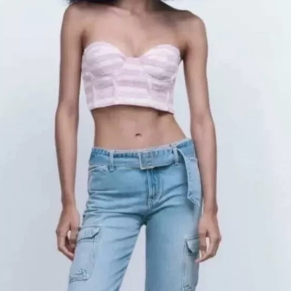 NWT Zara Womens X Small Tweed Bustier Crop Corset Top Pink Purple Plaid XS - Picture 7 of 9
